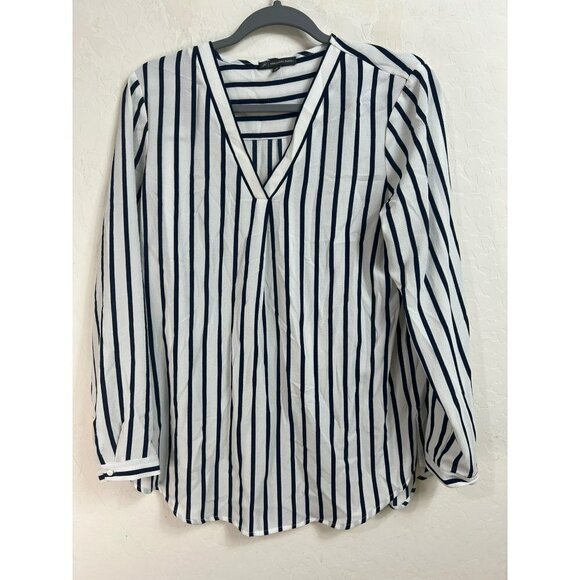 Adrianna Papell S V Neck Blouse Tunic Navy White Stripe Nautical Office Career W - Picture 2 of 7